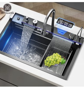 304 Stainless Steel Waterfall Kitchen Sink Large Single Slot Integrated Digital Display Faucet Set Soap Dispenser Cup Washer