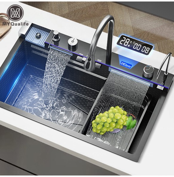 304 Stainless Steel Waterfall Kitchen Sink Large Single Slot Integrated Digital Display Faucet Set Soap Dispenser Cup Washer