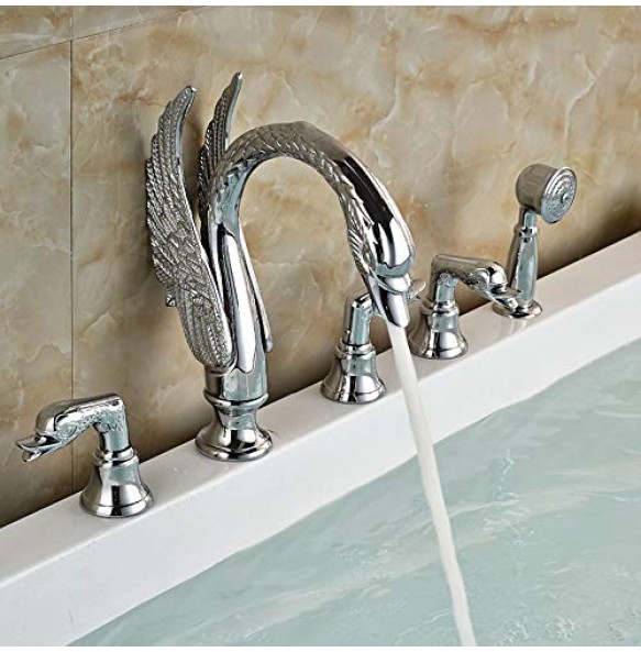 Widespread Swan Bathtub Faucet Golden Tub Mixer Tap Deck Mounted 3 Handle Swan Bath Shower Set with Pull Out Handshower Head