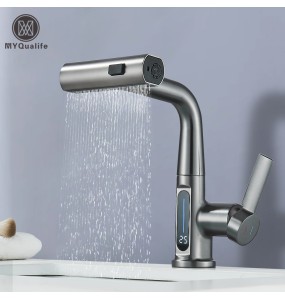 2024 NewWaterfall Temperature Digital Display Basin Faucet Lift Up Down Stream Sprayer Hot Cold Water Sink Mixer Wash Tap For Bathroom