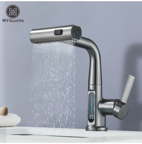 2024 NewWaterfall Temperature Digital Display Basin Faucet Lift Up Down Stream Sprayer Hot Cold Water Sink Mixer Wash Tap For Bathroom