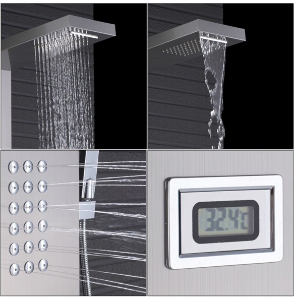 Brushed Nickel Thermostatic Shower Faucet Waterfall Rain Shower Panel 3 Handles Bathroom Shower Mixer Column with Handshower