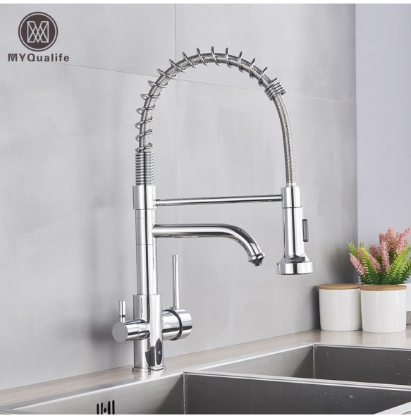 Brushed Pure Water Filter Kitchen Faucet Dual Handle Hot and Cold Drinking Water Pull Out  Kitchen Mixer Crane Purification