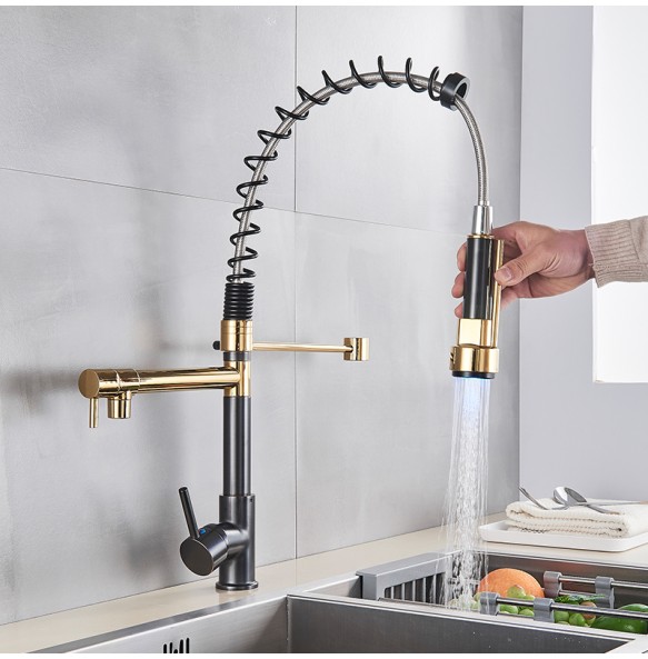 Kitchen Faucet Brushed LED Light Pull-down spring Kitchen Mixer with Hot Cold Water Single Handle Swivel Spout Handheld Head