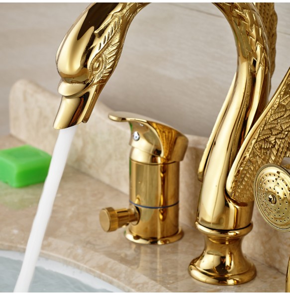 Golden Widespread 3pcs Swan Bathtub Faucet Deck Mount with Handheld Shower Bathroom Tub Mixer Taps