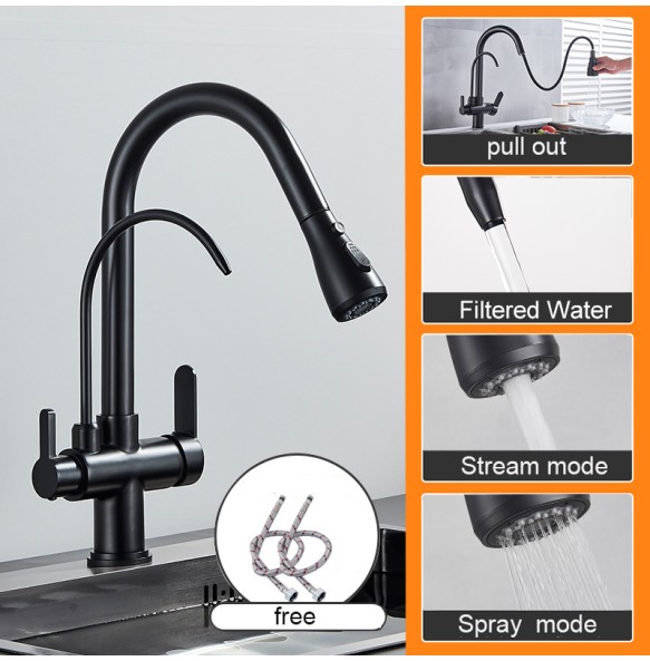 Matte Black Pure Water Kitchen Faucet Dual Handle Hot and Cold Drinking Water Pull Out  Kitchen Mixer Taps