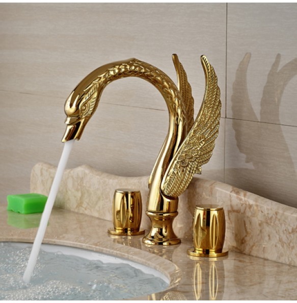 Swan Shape Dual Handle Golden Washing Basin Faucet Widespread Deck Mounted Bathroom Basin Mixer Tap with Hot and Cold Water