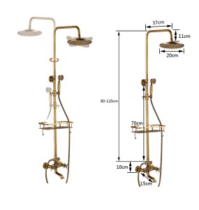 Antique Brass Wall Mounted Bathtub Shower Set Faucet Dual Handle with Commodity Shelf Long Spout Bathroom Shower Mixers Rainfall