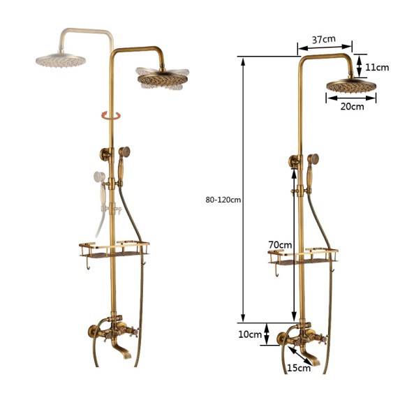 Antique Brass Wall Mounted Bathtub Shower Set Faucet Dual Handle with Commodity Shelf Long Spout Bathroom Shower Mixers Rainfall