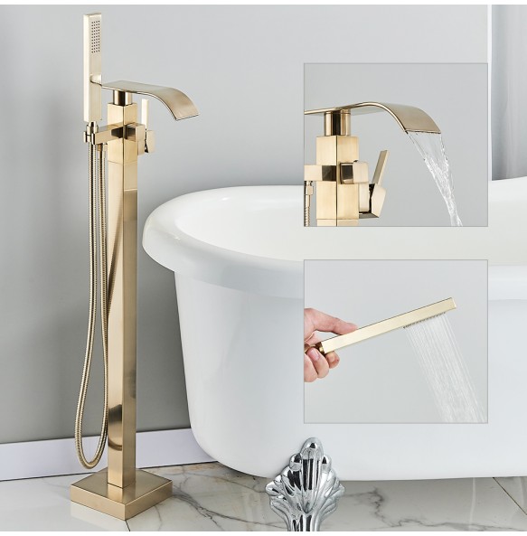 Luxury Brushed Gold Bathtub Faucet Free Standing Bathroom Tub Faucet  6 Types Spout Floor Mounted Bath Shower Mixer Tap