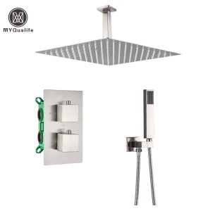 Brushed Thermostatic Shower Faucet Set Dual Handle Ceiling Mounted Square Rainfall With Handshower Concealed Gold Bathroom Tap