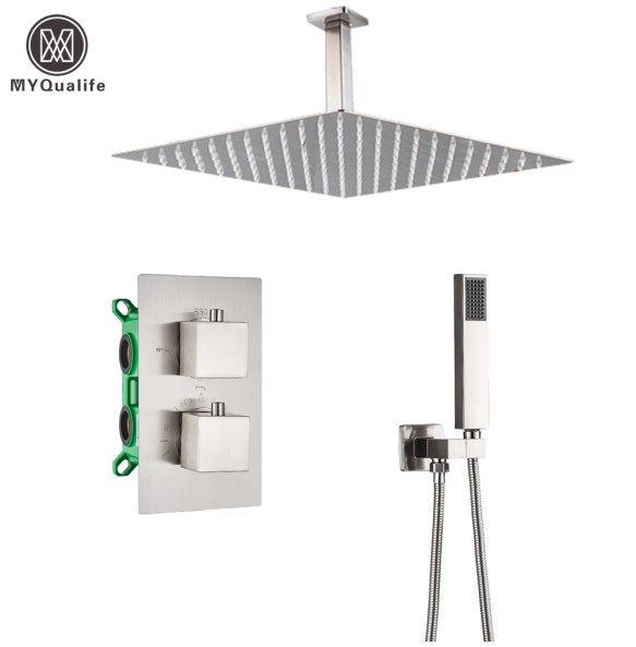 Brushed Thermostatic Shower Faucet Set Dual Handle Ceiling Mounted Square Rainfall With Handshower Concealed Gold Bathroom Tap