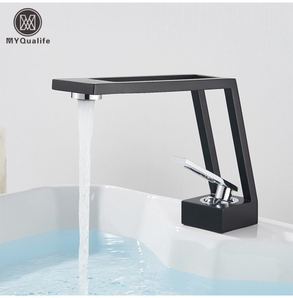 2024 New Black Basin Brass Sink Faucet Bathroom Mixer Tap Single Handle Hot Cold Water Deck Mounted Vanity Sink Faucet Crane