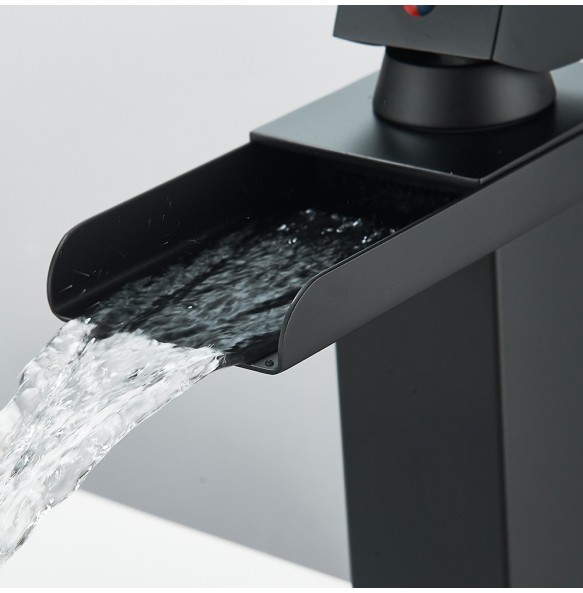 Matte Black Waterfall Outlet Basin Faucet Deck Mounted  Mixer Tap Cold And Hot Water Tap Single Hole Bath Sink Faucets Crane