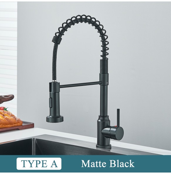 Matte Black Kitchen Sink Faucet One Handle Spring Hot and Cold Water Tap Deck Mounted Bathroom Chrome Kitchen Crane