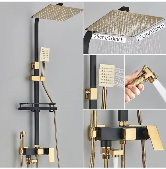 Golden Copper Shower Set Faucet Wall Mounted Hot and Cold Bathtub Shower Column Square 8