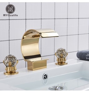 2024 New Luxurious Gold Bathroom Basin Faucet Brass Deck Mounted Double handle Cold and Hot Waterfall Basin faucet