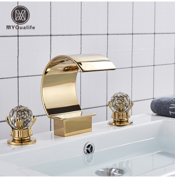 2024 New Luxurious Gold Bathroom Basin Faucet Brass Deck Mounted Double handle Cold and Hot Waterfall Basin faucet