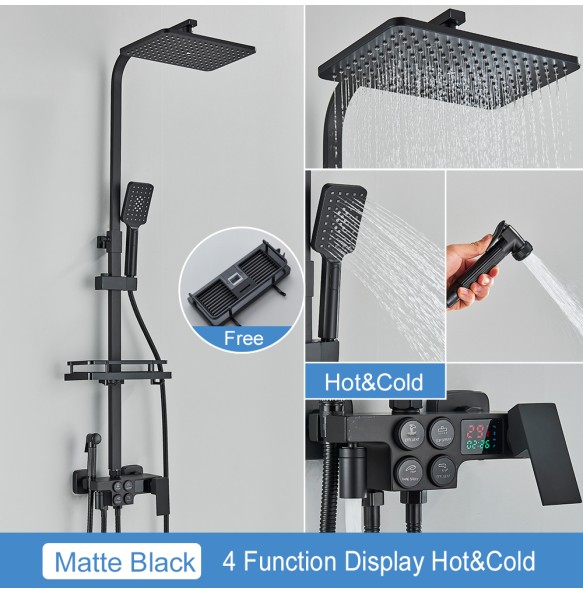 Black Thermostatic LCD Shower Faucet Set Temperature Display Rainfall Bathtub Tap With Bathroom Shelf Electricity By Water