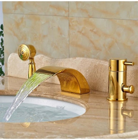 Luxury Golden Waterfall Bathtub Mixer Faucet Deck Mount Single Handle Tub Tap with Handheld Shower