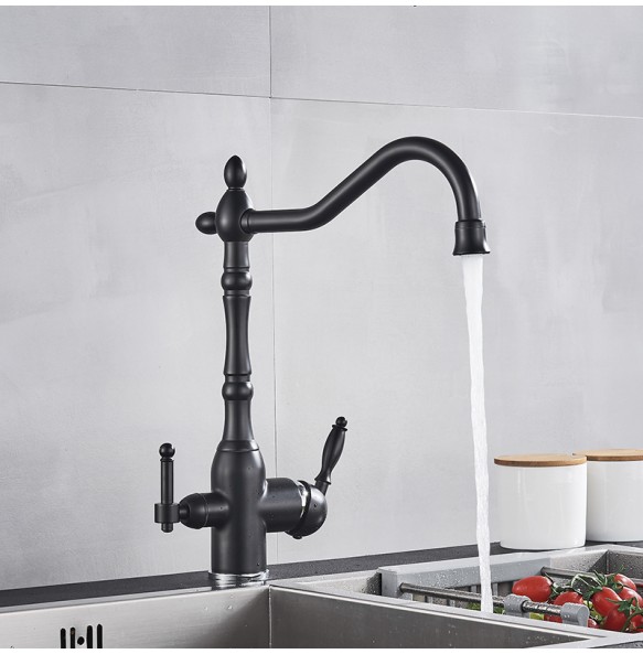 Matte Black  Kitchen Sink Faucet Pure Water Filter Drink Mixer Tap Dual Handles Two Spout Bathroom Kitchen Tap Hot Cold Crane