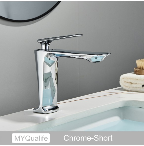 2024 New MYQualife Black Tall Basin Brass Sink Faucet Bathroom Mixer Tap Single Handle Hot Cold Water Deck Mounted Vanity Sink Faucet