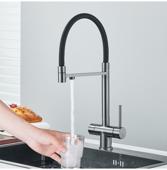 Gun Gray Filtered Kitchen Faucet Pure Water Pull Out Brass Sink Faucet Dual Handle Hot&Cold Drinking Water Purified Mixer Taps