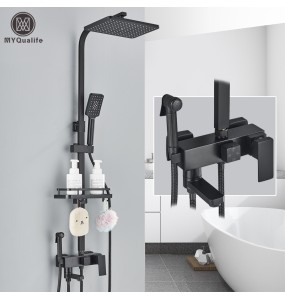 Black Brass Shower Faucet Set Rainfall Bathtub Tap With Bathroom Shelf 4 Functions Height Adjust Shower Mixer Crane Fast Delivey