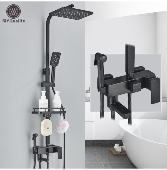 Black Brass Shower Faucet Set Rainfall Bathtub Tap With Bathroom Shelf 4 Functions Height Adjust Shower Mixer Crane Fast Delivey