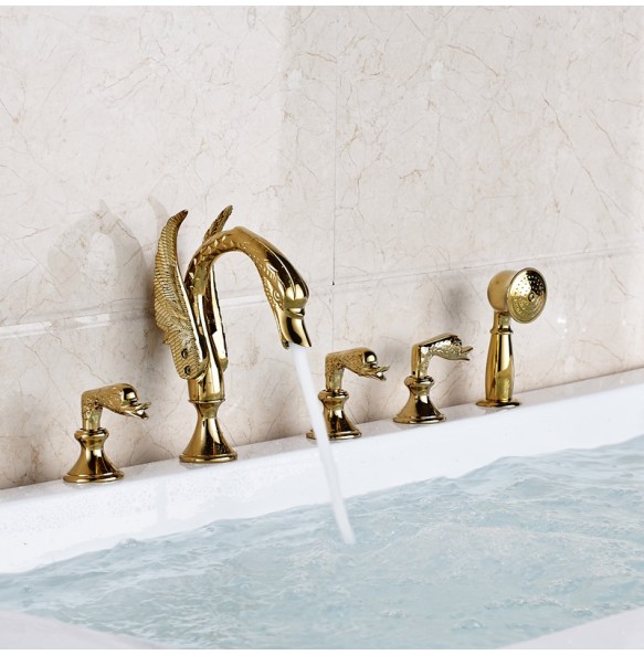 Golden Swan Style Brass Golden Bathtub Tub Faucet Deck Mounted Hot and Cold Water Bath Shower Mixer Taps