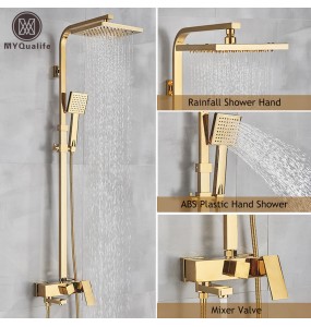 Golden Copper Shower Set Faucet Wall Mounted Hot and Cold Bathtub Shower Column Square 8