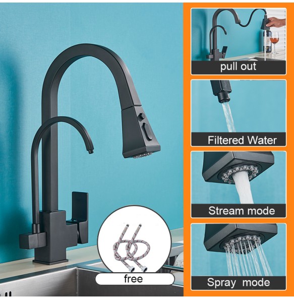 Matte Black Pure Water Kitchen Faucet Dual Handle Hot and Cold Drinking Water Pull Out  Kitchen Mixer Taps