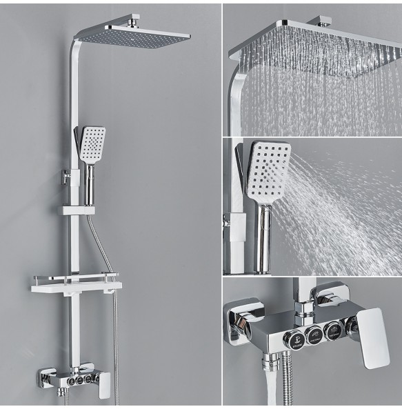 White Thermostatic Shower Faucet Fixed Temperature 3 Way Key Rainfall System Bathtub Tap With Big Showerhead Bathroom Shelf