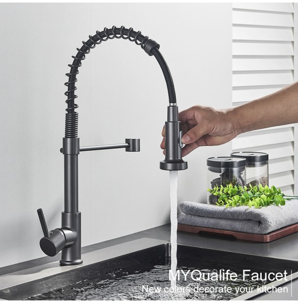 Silver Gray Kitchen Sink Faucet One Handle Spring Hot and Cold Water Tap Deck Mounted Bathroom Matte Black Kitchen Crane