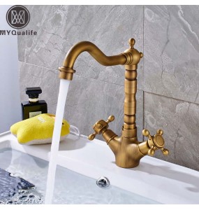 2024 New Dual Handle Swivel Bathroom Kitchen Sink Faucet Antique Brass Mixer Tap with Hot and Cold Water Deck Mounted