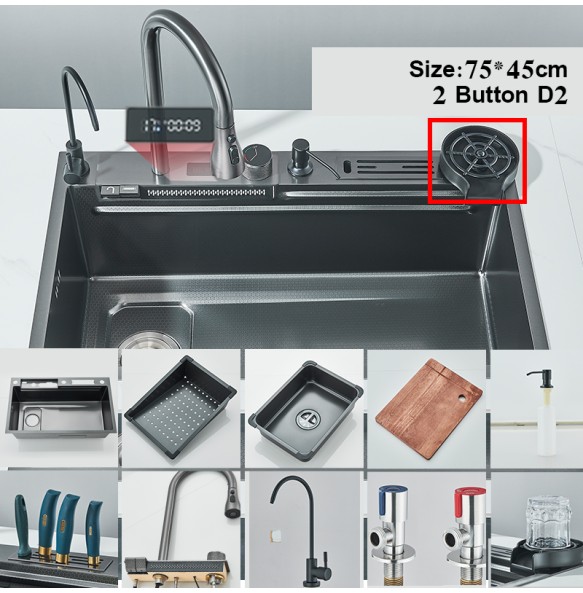 304 Stainless Steel Waterfall Kitchen Sink Large Single Slot Integrated Digital Display Faucet Set Soap Dispenser knife Board