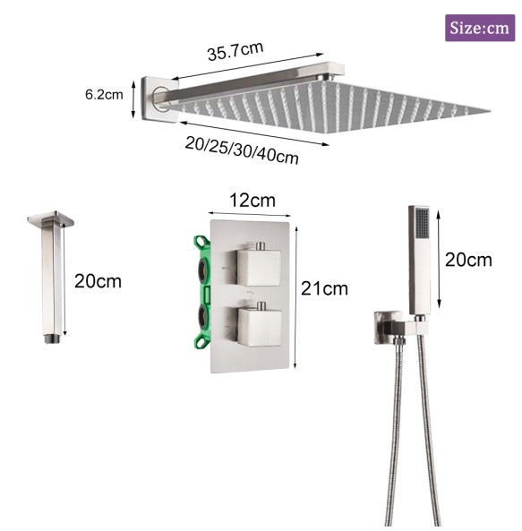 Brushed Thermostatic Shower Faucet Set Dual Handle Ceiling Mounted Square Rainfall With Handshower Concealed Gold Bathroom Tap