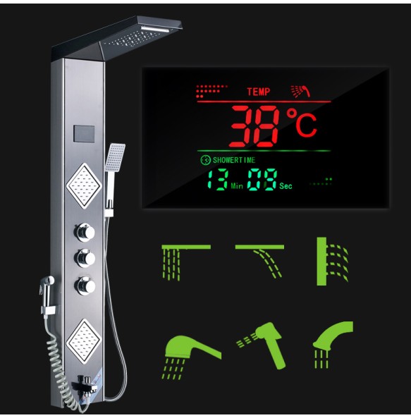 Rain Waterfall LED Shower Panel Black Shower Column Tower Digital Screen TEMP 3 Handle Mixer Tap Spray Bidet Shower Mixer Faucet