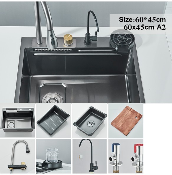 304 Stainless Steel Waterfall Kitchen Sink Large Single Slot Integrated Digital Display Faucet Set Soap Dispenser knife Board