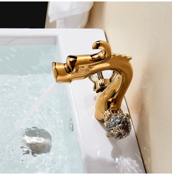 2024 New Dragon Basin Faucet Bathroom Vessel Sink Mixer Tap Deck Mounted Dual Crystal Handle Hot Cold Water Mixers