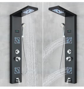 Black LED Light LCD Shower Faucet Bathroom SPA Massage Jet Shower Column System Waterfall Rain Shower Panel With Temperature