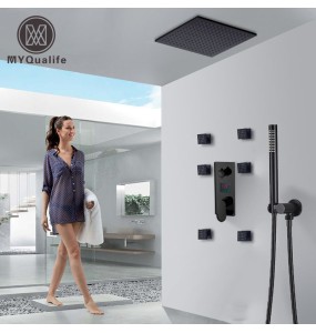 Matte Black Big Rainfall  Shower Faucet Set Single Lever Temperature Digital Display Concealed Shower Mixing Valve Tap