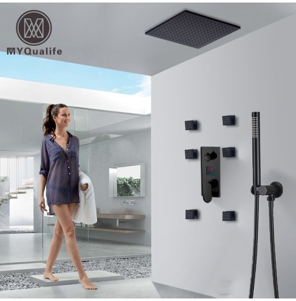 Matte Black Big Rainfall  Shower Faucet Set Single Lever Temperature Digital Display Concealed Shower Mixing Valve Tap