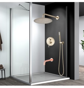 Brushed Gold Shower Faucet Set Round Brass Bathroom Wall Mount Rotate Tub Spout  Rainfall Head 3 Ways Mixer Tap