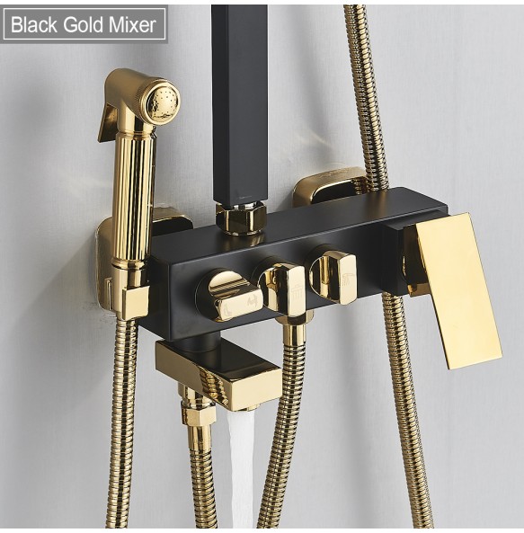 Gold Shower Set Faucet Rainfall Bathtub Tap With Bidet 4 Function Shower Wall Mounted Hot Cold Shower Column Square 8