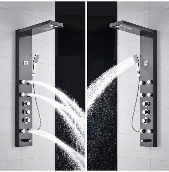 Waterfall 6pc Massage Jets Rain Shower Column Thermostatic Mixer Shower Faucet Tower W/Hand Shower Tub Spout Black Shower Panel