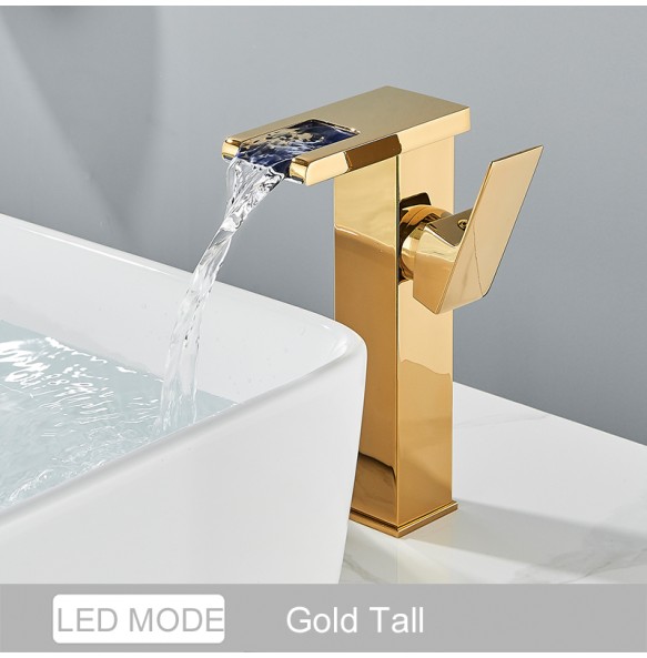 2024 New Black LED Waterfall Basin Bathroom Faucet Deck Mounted Hot Cold Water Mixer Taps Three Color Change By Water Flow