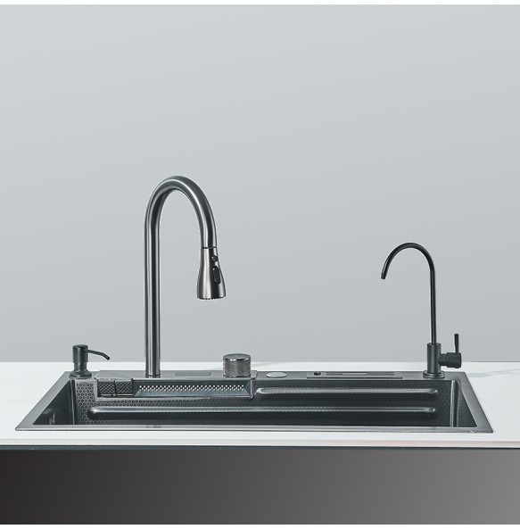 304 Stainless Steel Waterfall Kitchen Sink Large Single Slot Integrated Digital Display Faucet Set Soap Dispenser knife Board