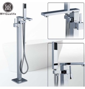 Bright Chrome Bathtub Faucet Floor Mounted Single Handle Bath Shower Set Free Standing Bathroom Tub Mixer Tap with Handshower