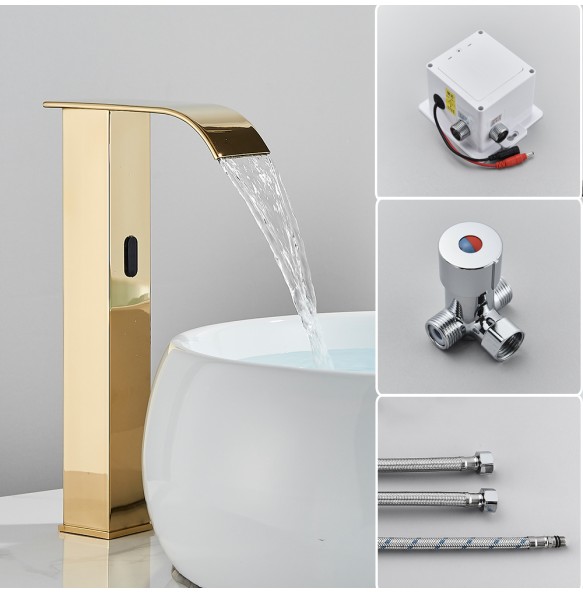 2024 New Black Sensor Basin Faucet Bathroom Automatic Sensor Watefall Faucet Touchless Free Touch Sink Tap Hot Cold Water Mixer Crane